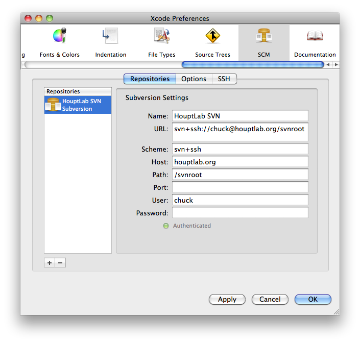 XCode Repository Preferences for HouptLab